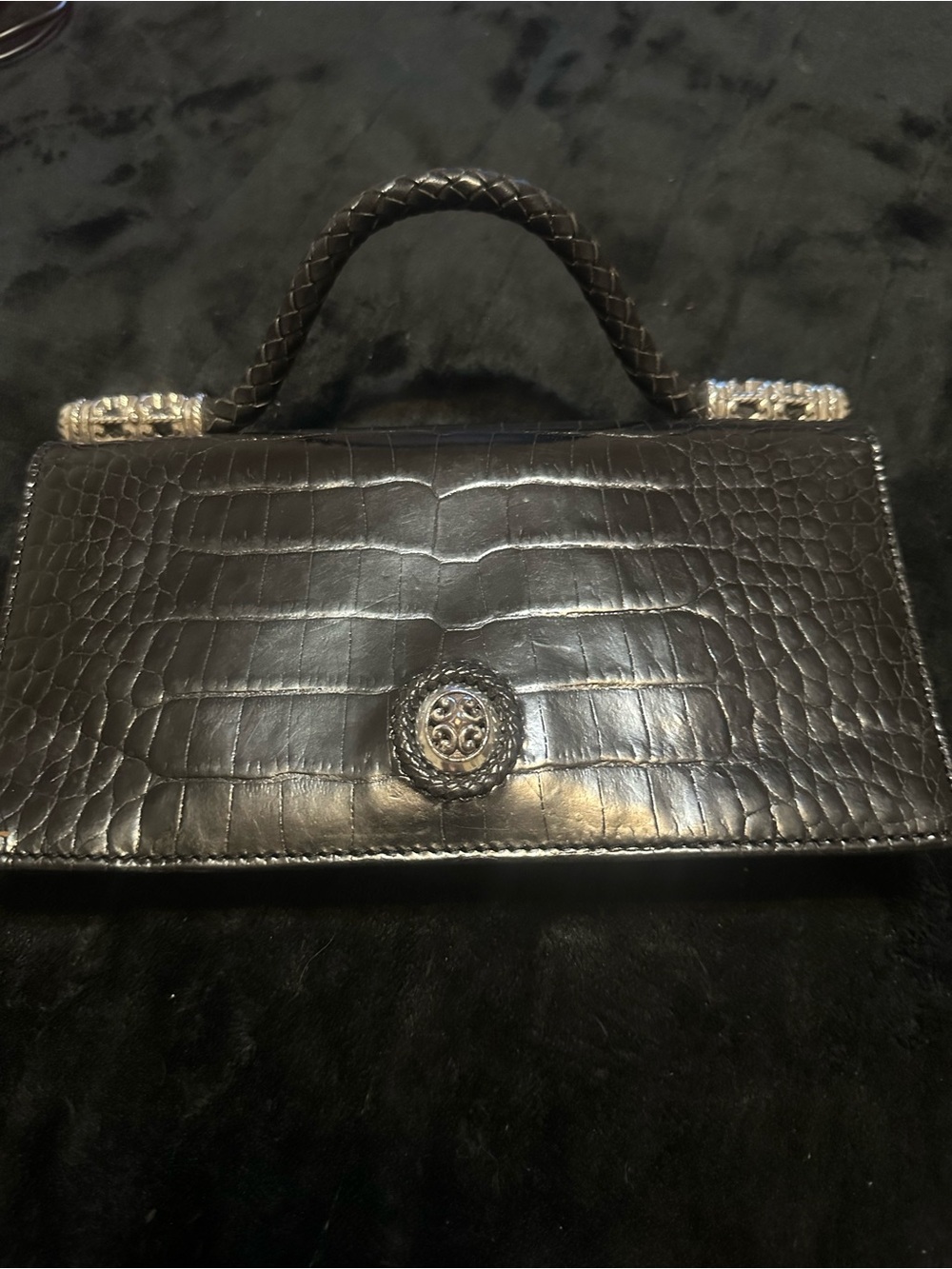 BRIGHTON Black Croc-Embossed Leather Top-Handle Bag Compartments GALORE